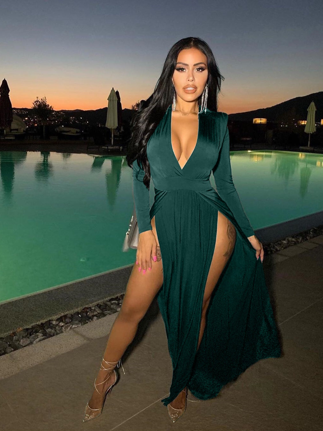 Slit Plunge Long Sleeve Dress - store name